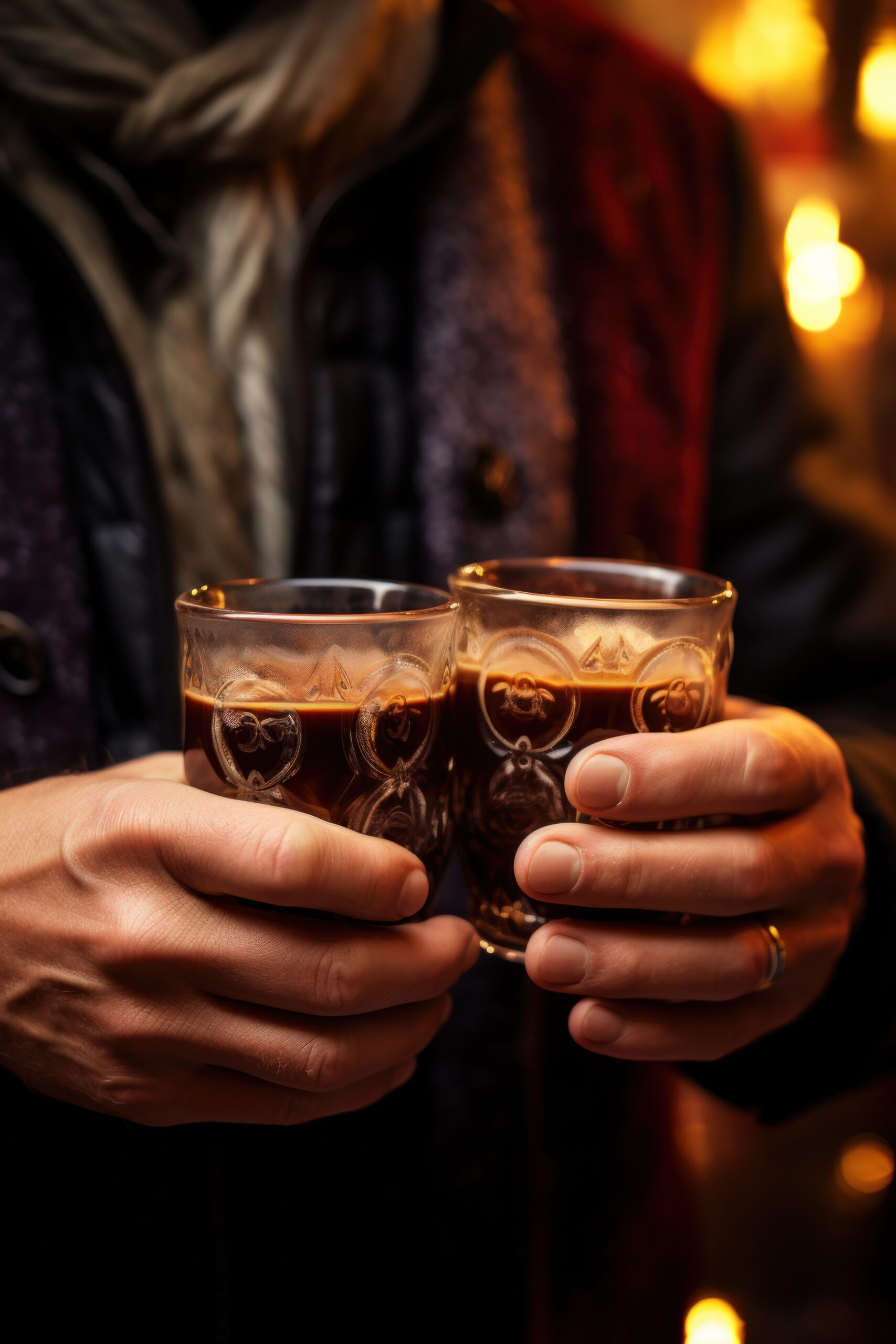 Close-up of hands holding two steaming glass mugs of hot coffee.